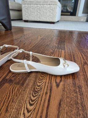 Patent Leather Slingback Flats with Gold Bit - White